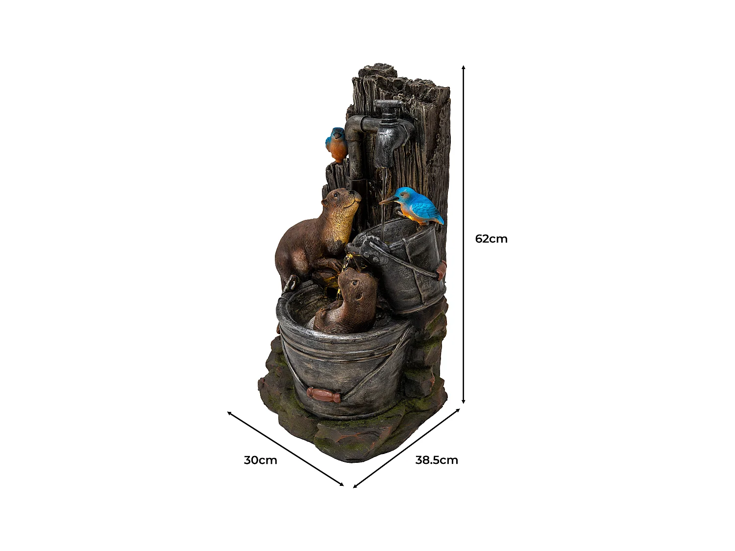 Fontana Cascata da Esterno in Poliresina Grigia con 2 Luci LED Bianche Calde, Pompa Elettrica, Cavo da 7m – Otter Oasis + Spazzola per Pulizia Inclusa