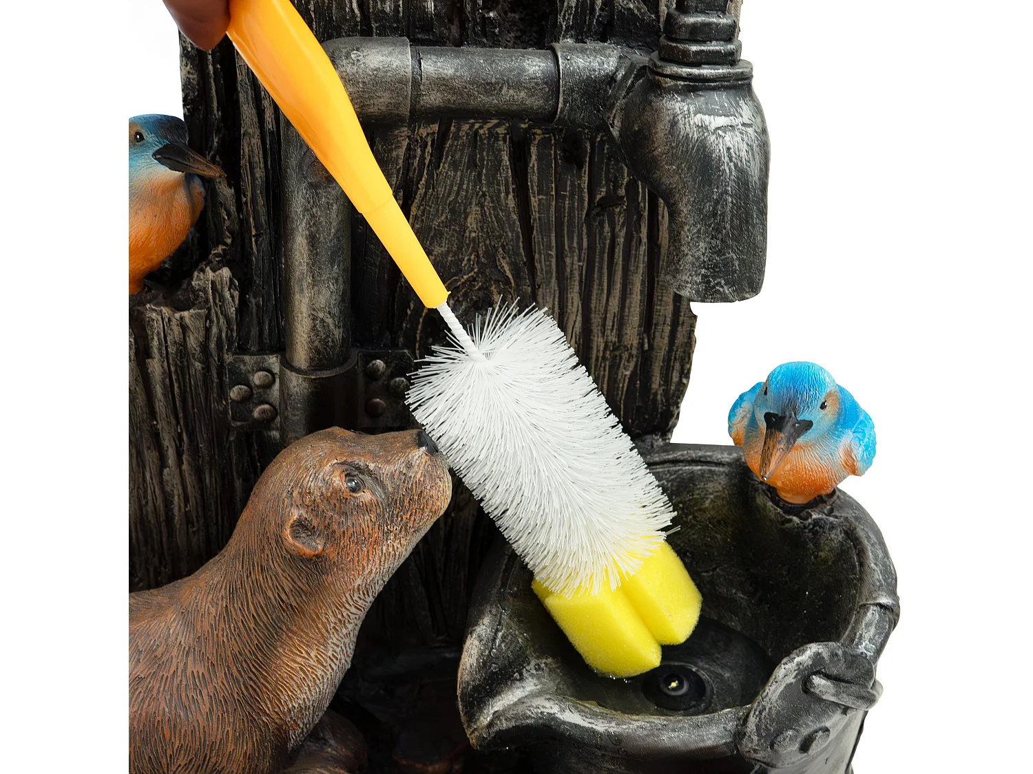 Fontana Cascata da Esterno in Poliresina Grigia con 2 Luci LED Bianche Calde, Pompa Elettrica, Cavo da 7m – Otter Oasis + Spazzola per Pulizia Inclusa