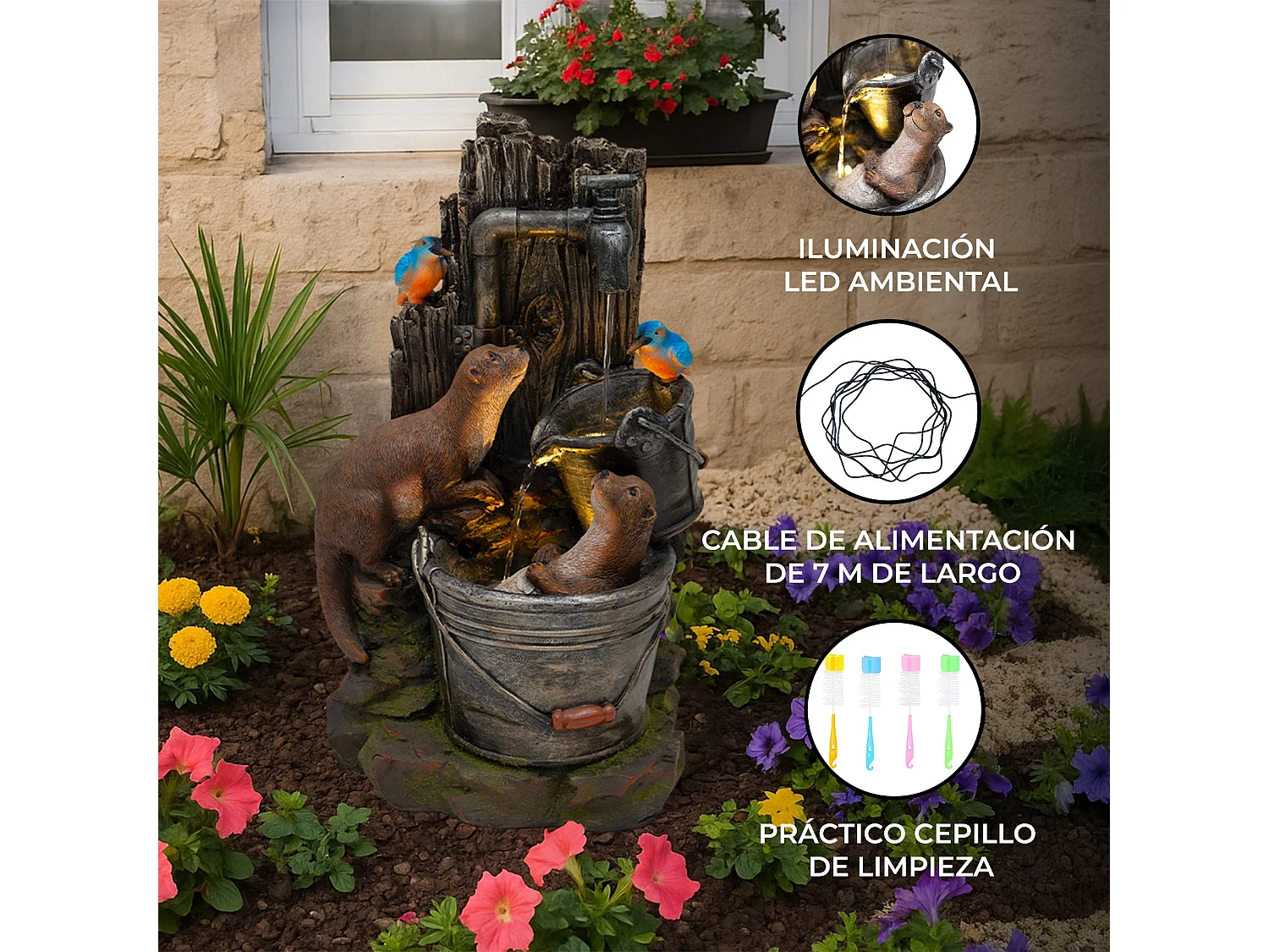 Fontana Cascata da Esterno in Poliresina Grigia con 2 Luci LED Bianche Calde, Pompa Elettrica, Cavo da 7m – Otter Oasis + Spazzola per Pulizia Inclusa