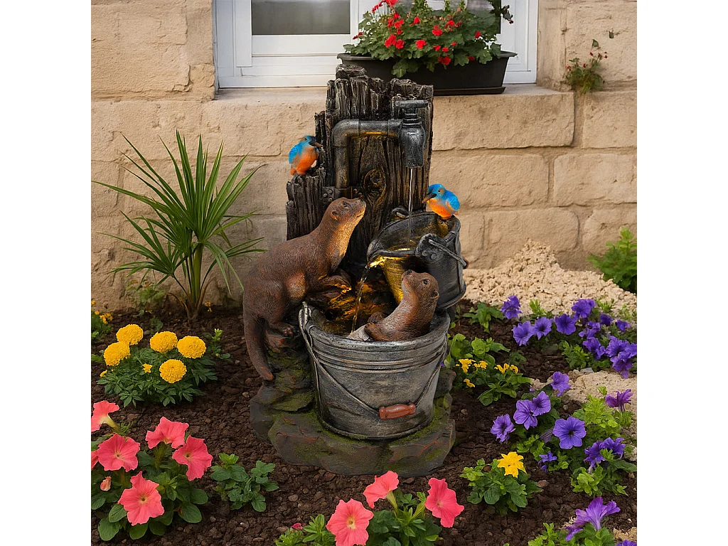 Fontana Cascata da Esterno in Poliresina Grigia con 2 Luci LED Bianche Calde, Pompa Elettrica, Cavo da 7m – Otter Oasis + Spazzola per Pulizia Inclusa