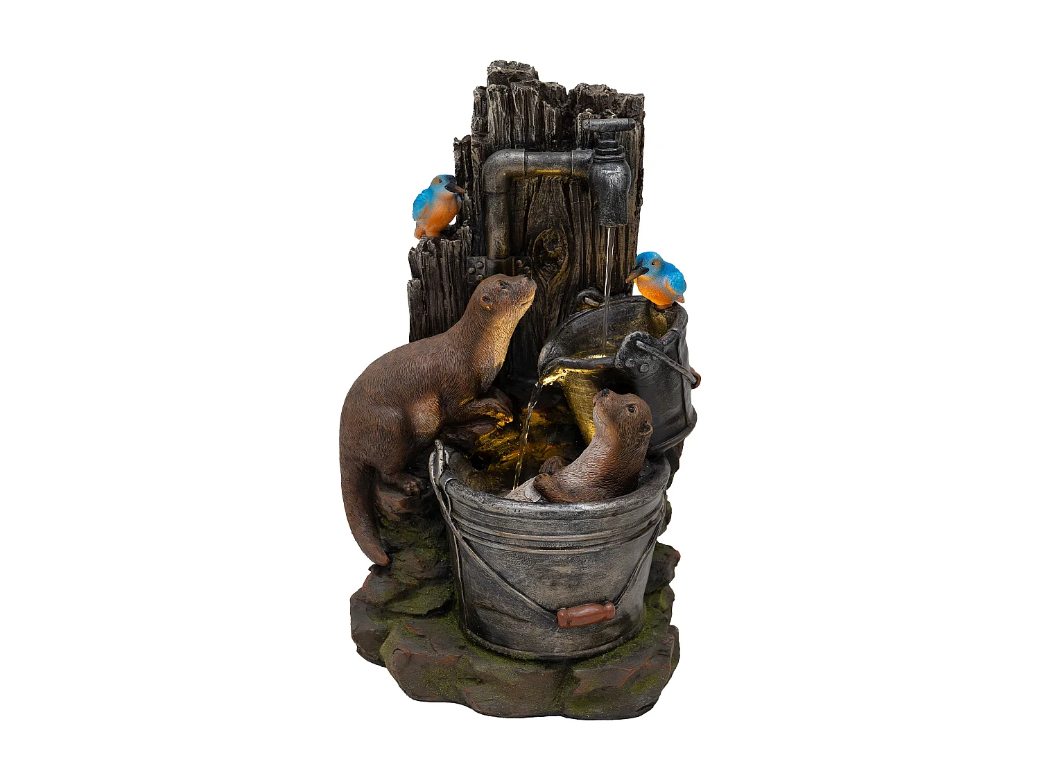 Fontana Cascata da Esterno in Poliresina Grigia con 2 Luci LED Bianche Calde, Pompa Elettrica, Cavo da 7m – Otter Oasis + Spazzola per Pulizia Inclusa