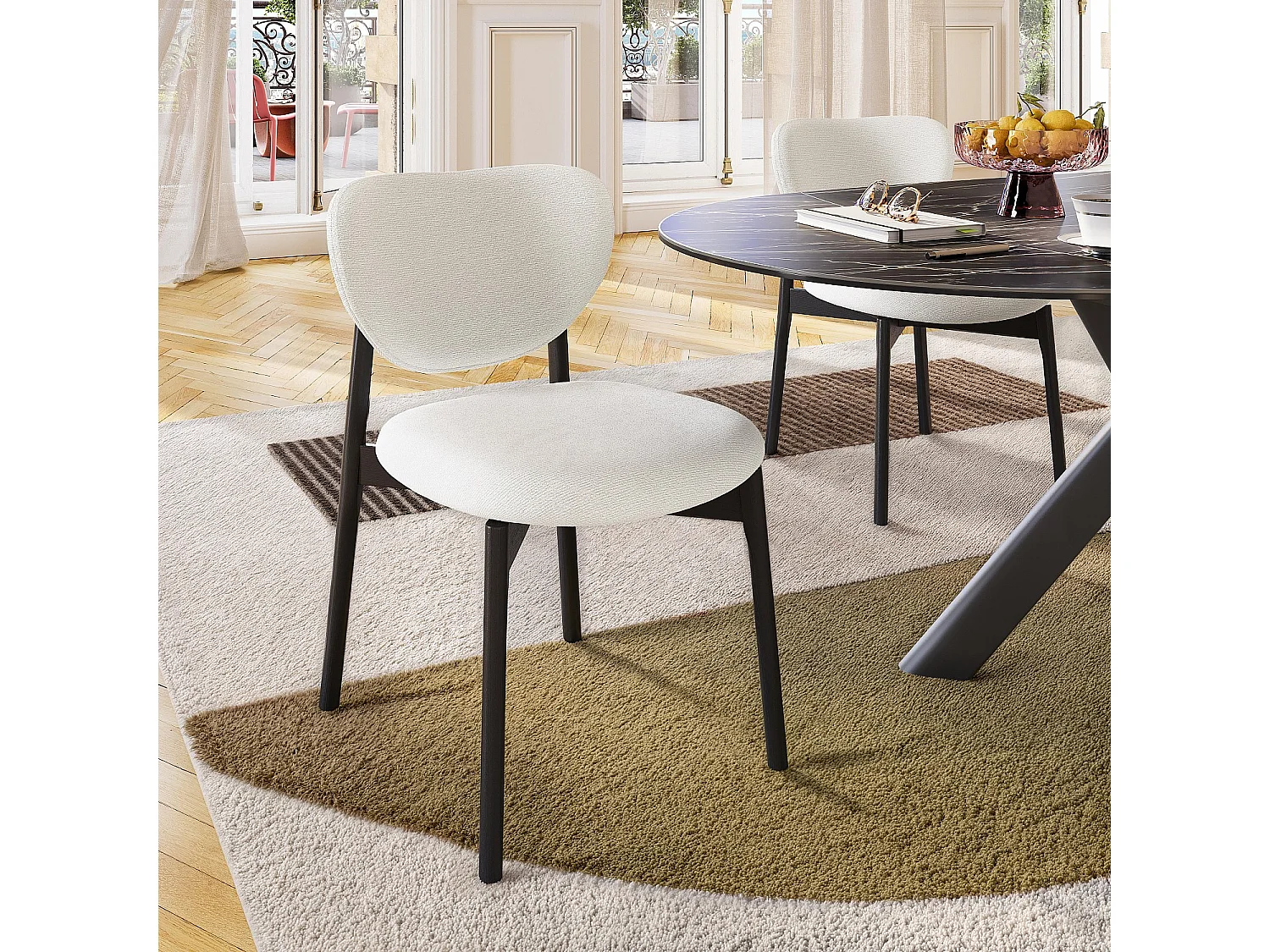 Lot de 2 chaises en tissu texturé et chêne massif noir - Écru