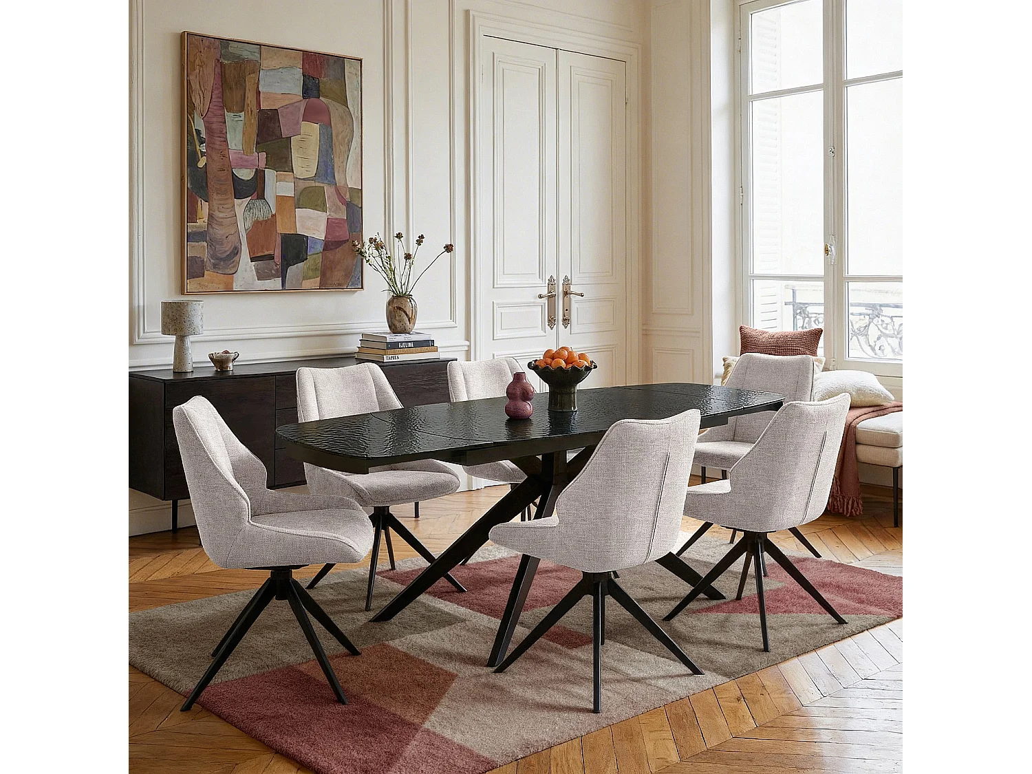 Lot de 2 chaises pivotantes en tissu chenille et métal noir - Grège