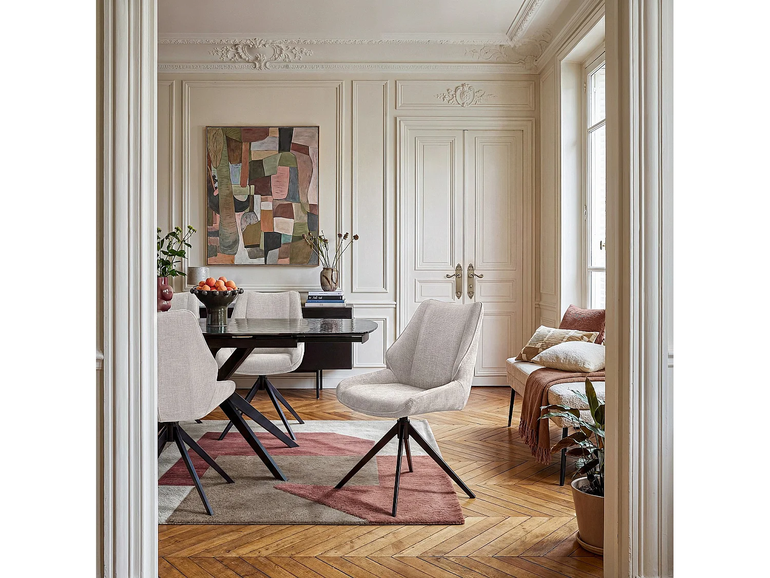 Lot de 2 chaises pivotantes en tissu chenille et métal noir - Grège