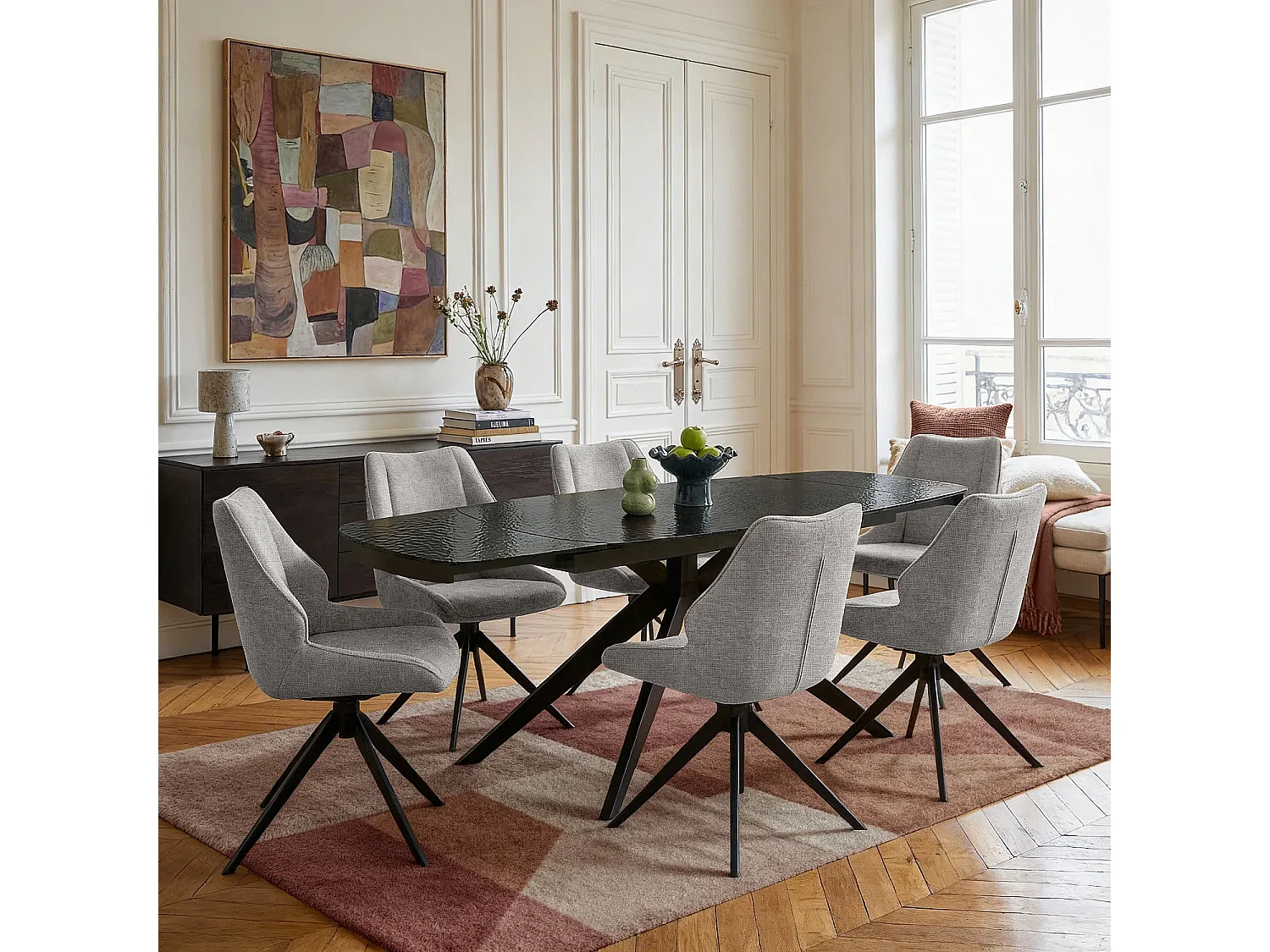 Lot de 2 chaises pivotantes en tissu chenille et métal noir - Gris fumé
