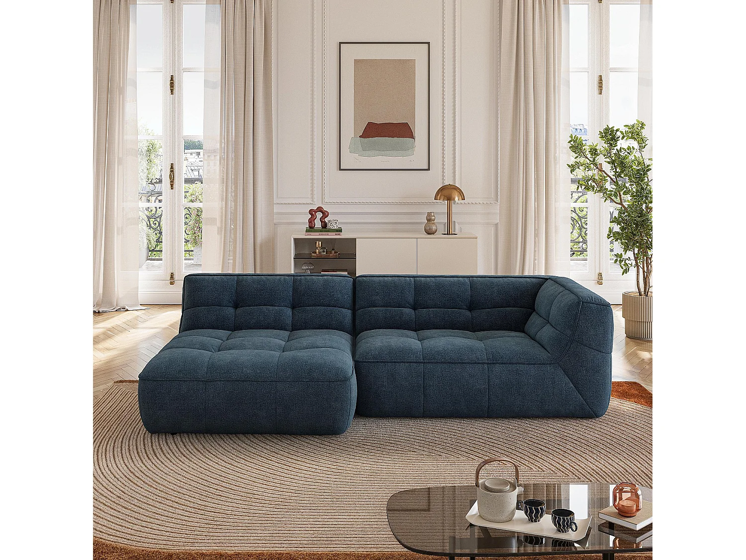 Canapé d'angle gauche en tissu - Bleu océan