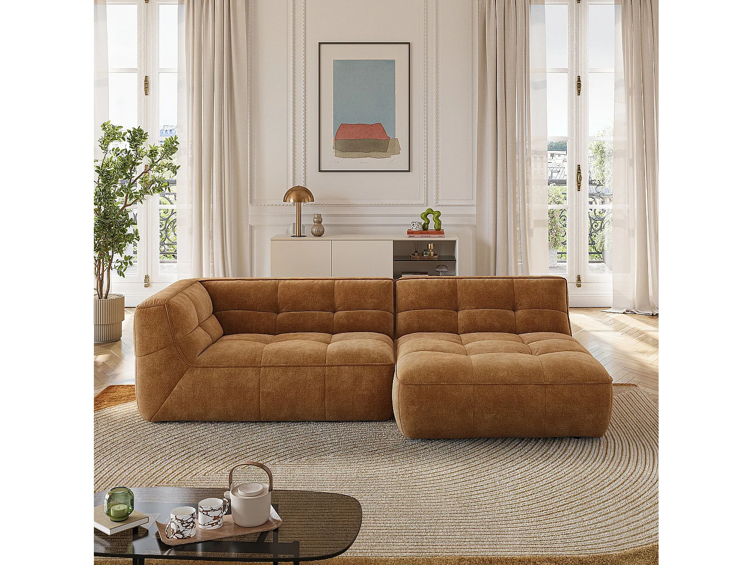 Canapé d'angle droit en tissu - Ocre foncé