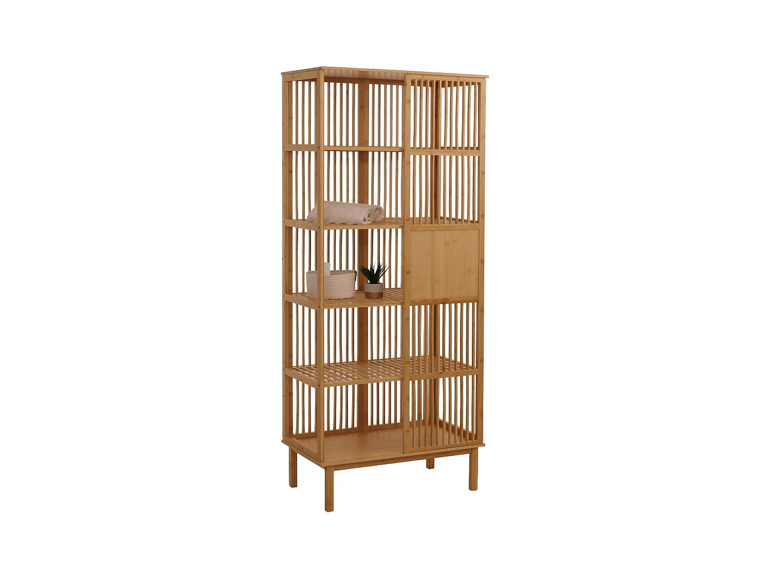Scaffale in bambù MCW-N81, mobile da bagno armadietto cassettiera, 5 ripiani porta scorrevole MVG 186x80x45cm