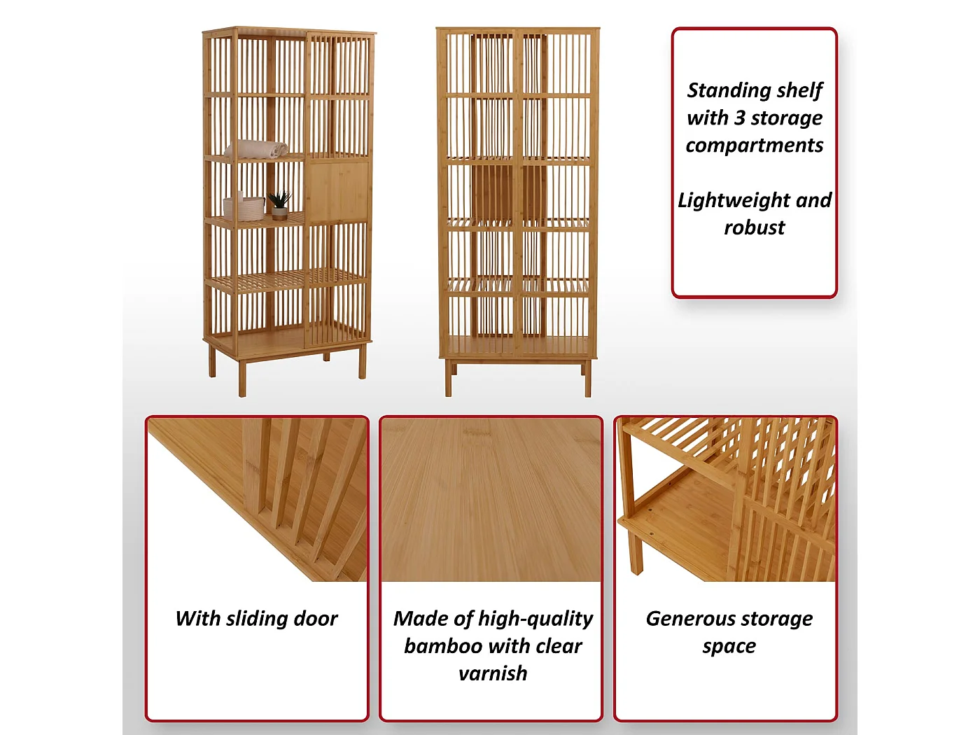 Bambus Standregal MCW-N81, Badezimmerschrank Badschrank Badregal Kommode, 5 Regalböden Schiebetür FSC® 186x80x45cm