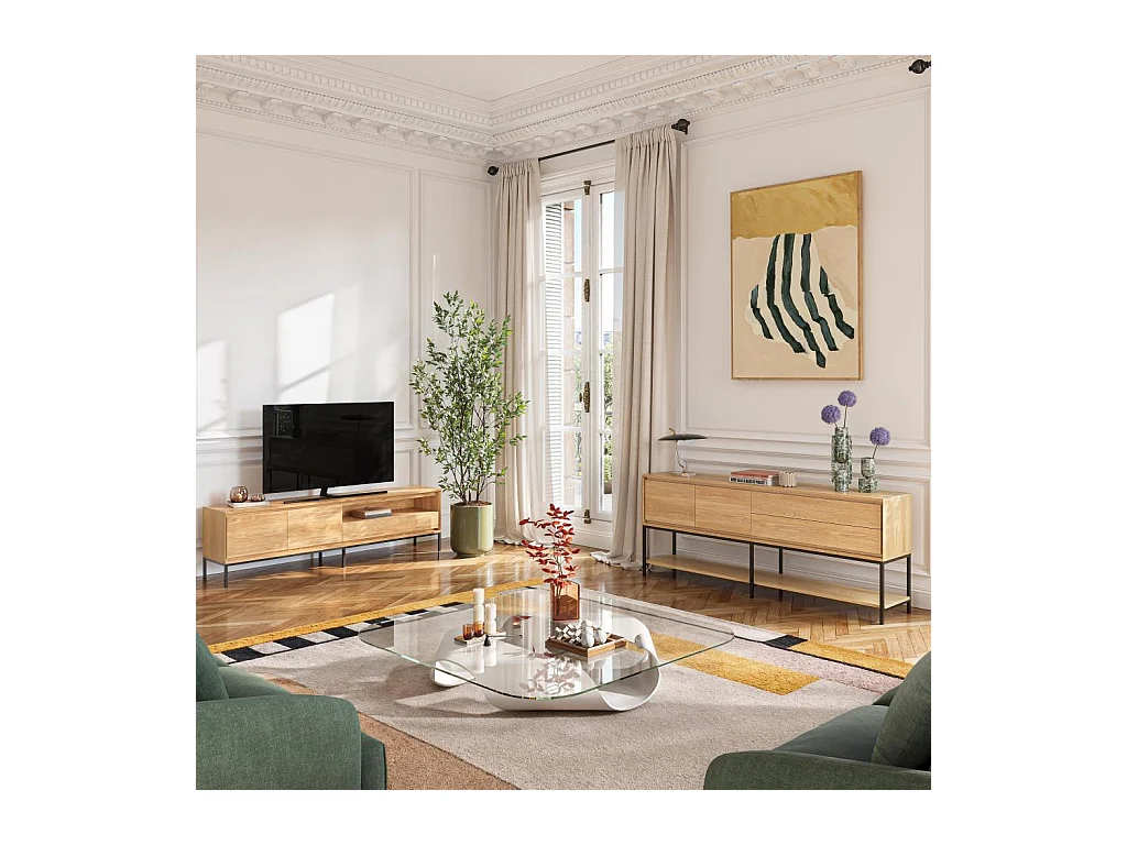 Habitat - Buffet 2 portes 2 tiroirs en chêne et métal noir - Naturel - Design by Hélèna Pille - Flavie