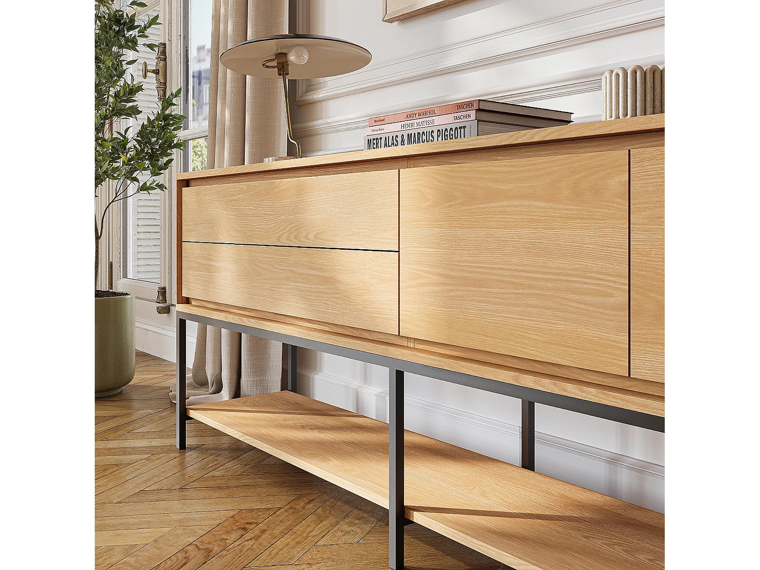 Buffet 2 portes 2 tiroirs en chêne et métal noir - Naturel - Design by Hélèna Pille