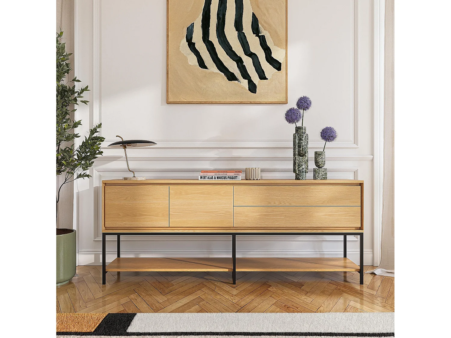 Buffet 2 portes 2 tiroirs en chêne et métal noir - Naturel - Design by Hélèna Pille