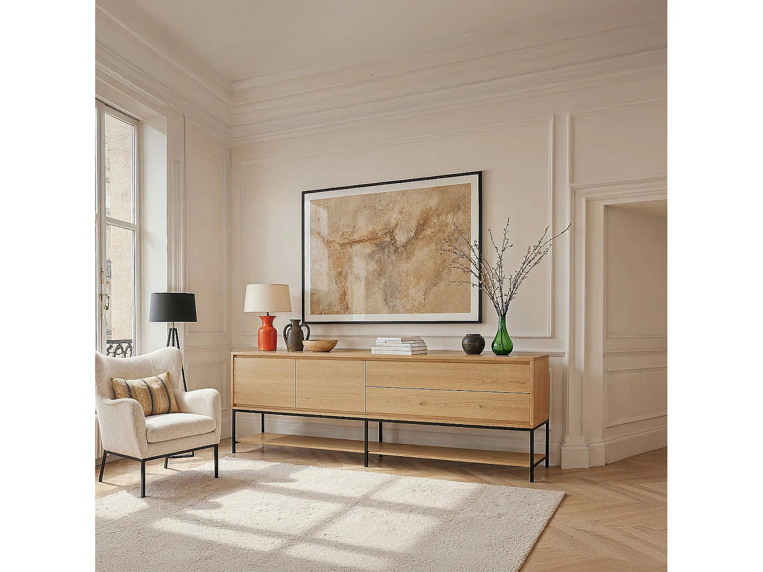 Buffet 2 portes 2 tiroirs en chêne et métal noir - Naturel - Design by Hélèna Pille