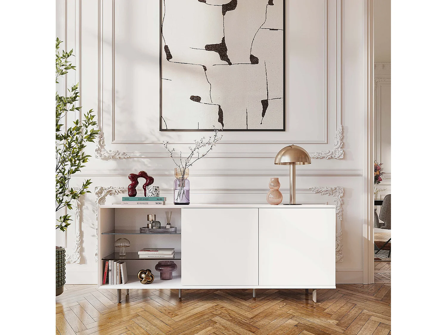 Buffet bas 2 portes et pieds en métal - Blanc polaire