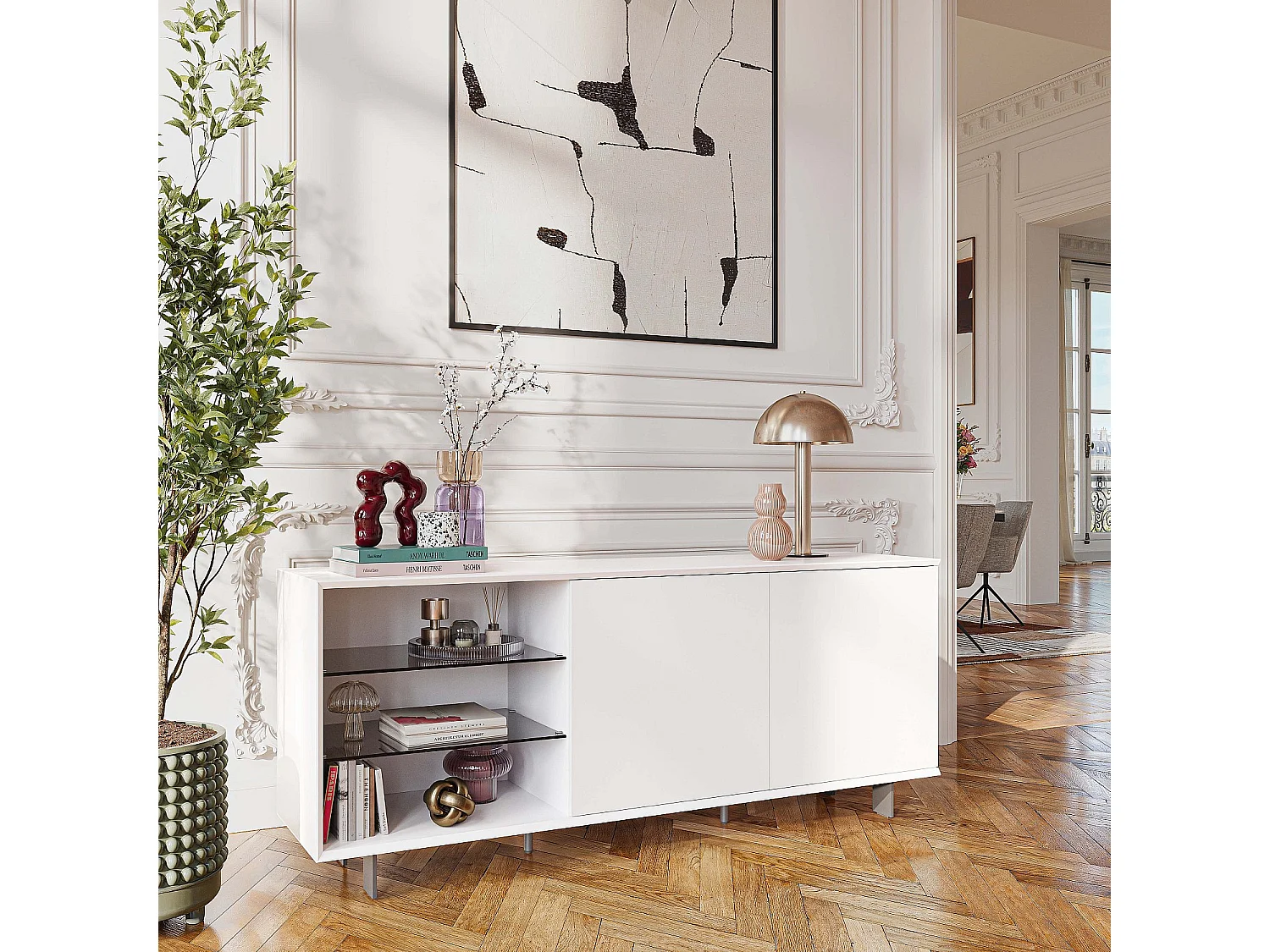 Buffet bas 2 portes et pieds en métal - Blanc polaire