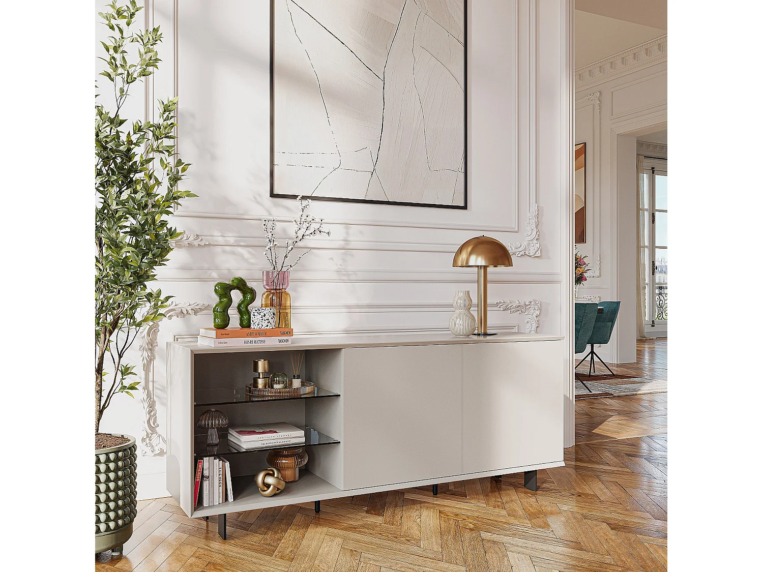 Habitat - Buffet bas 2 portes et pieds en métal - Crème - Agnes