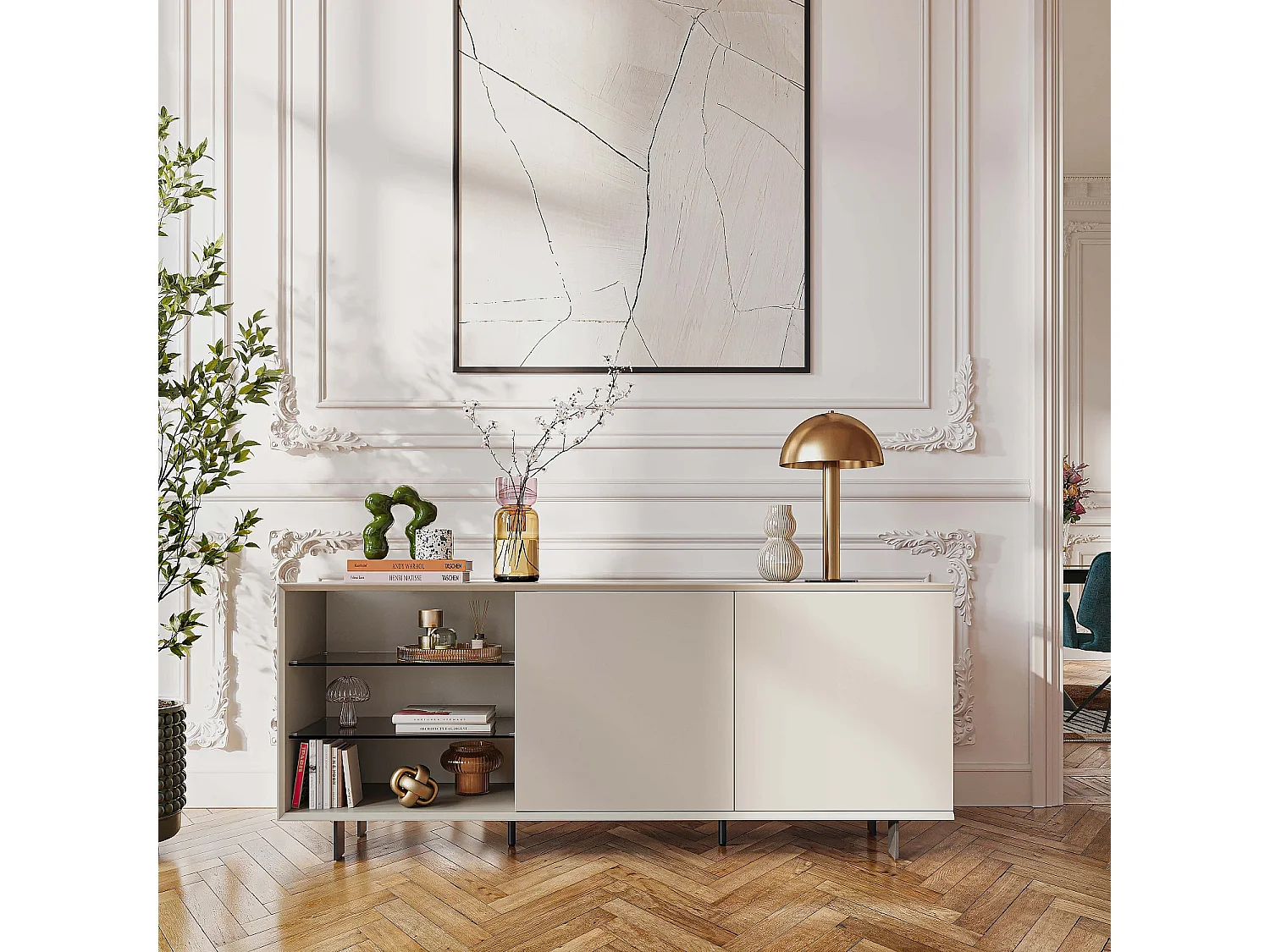 Buffet bas 2 portes et pieds en métal - Crème