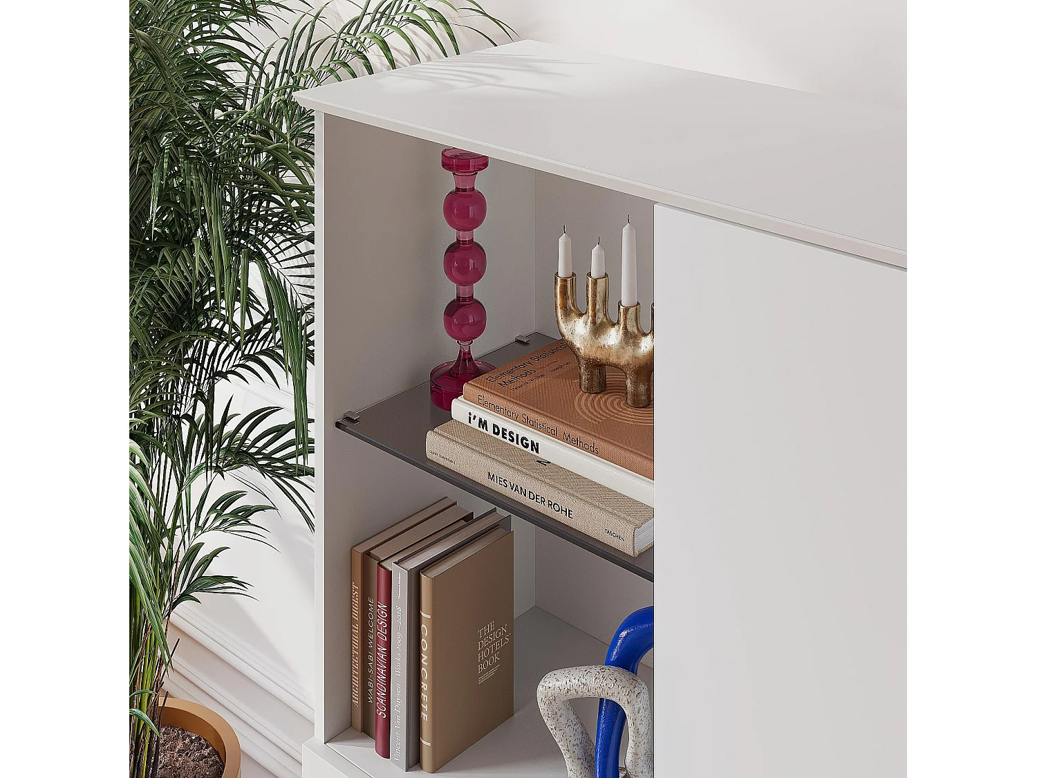 Buffet haut 3 portes et pieds en métal - Blanc polaire