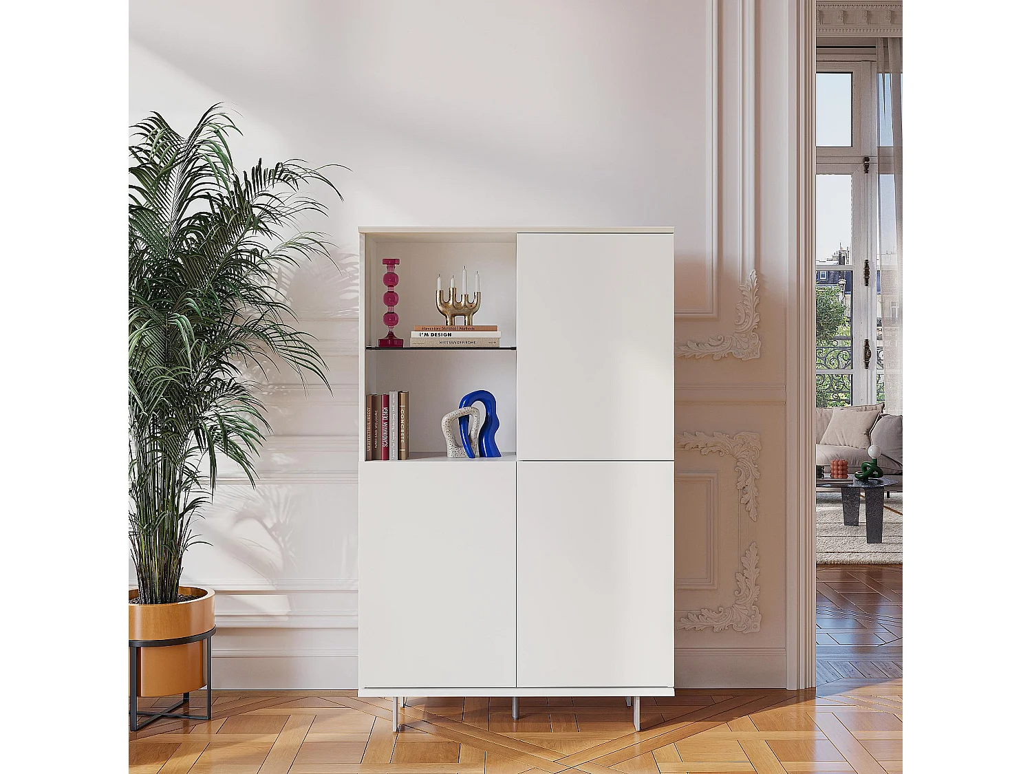 Buffet haut 3 portes et pieds en métal - Blanc polaire