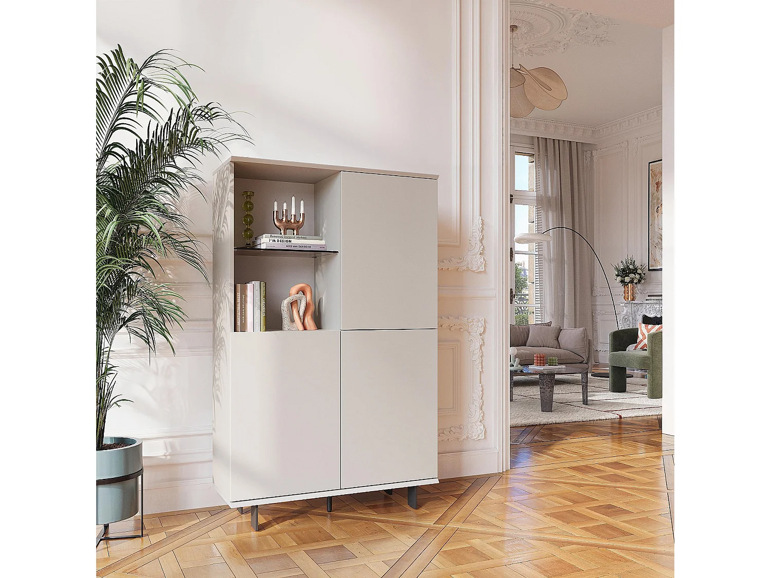 Habitat - Buffet haut 3 portes et pieds en métal - Crème - Agnes