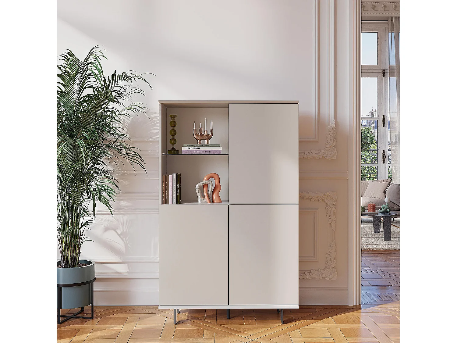 Buffet haut 3 portes et pieds en métal - Crème