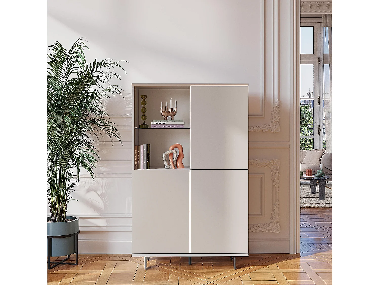 Buffet haut 3 portes et pieds en métal - Crème