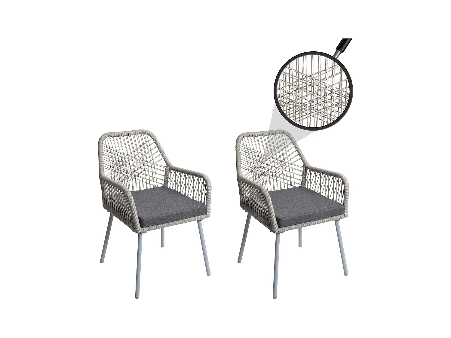 Set 2 sedie da giardino MCW-O12, da esterno alluminio intrecciato a corda Rope ~ grigio chiaro, cuscino grigio scuro