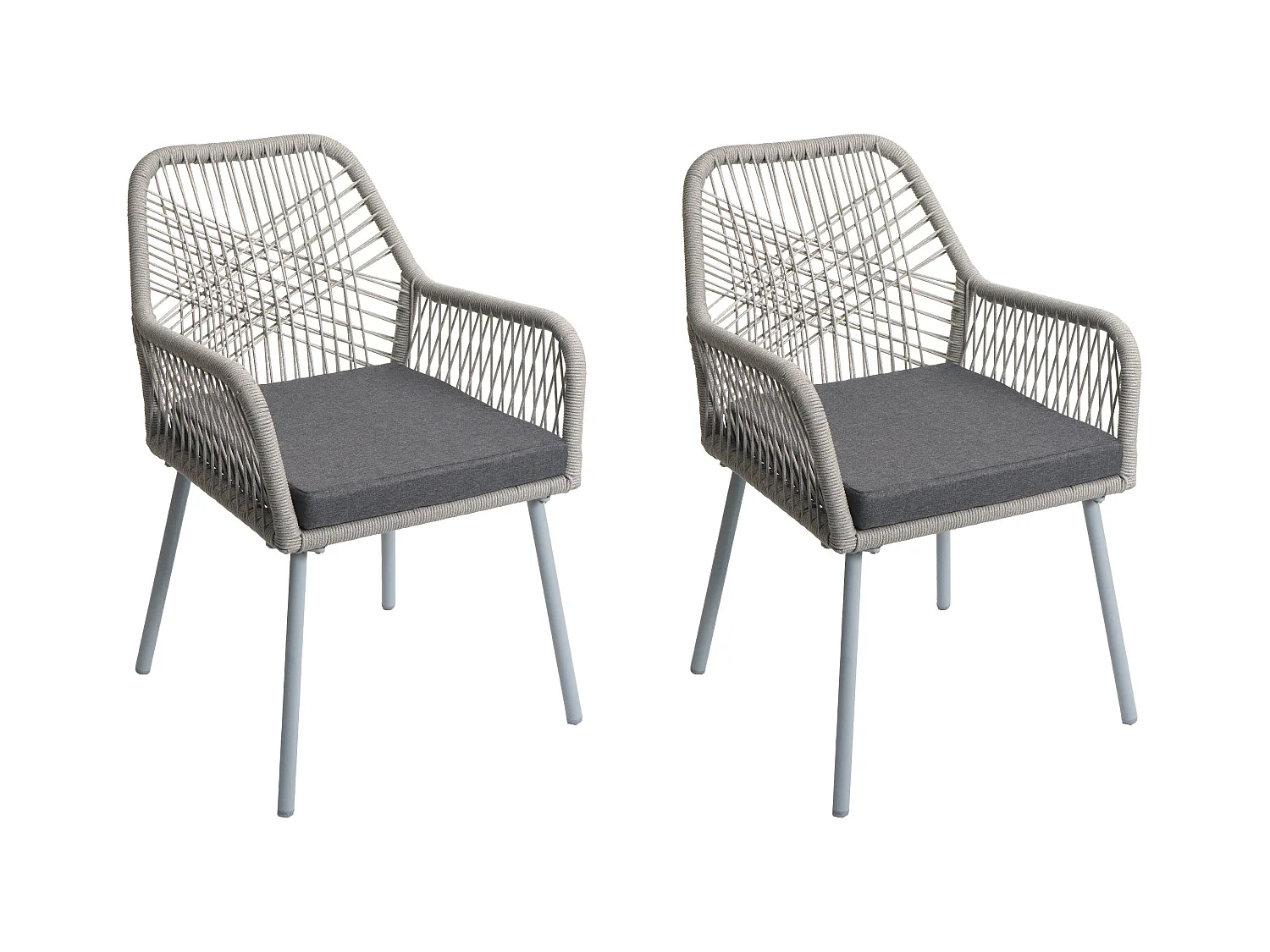 Set 2 sedie da giardino MCW-O12, da esterno alluminio intrecciato a corda Rope ~ grigio chiaro, cuscino grigio scuro