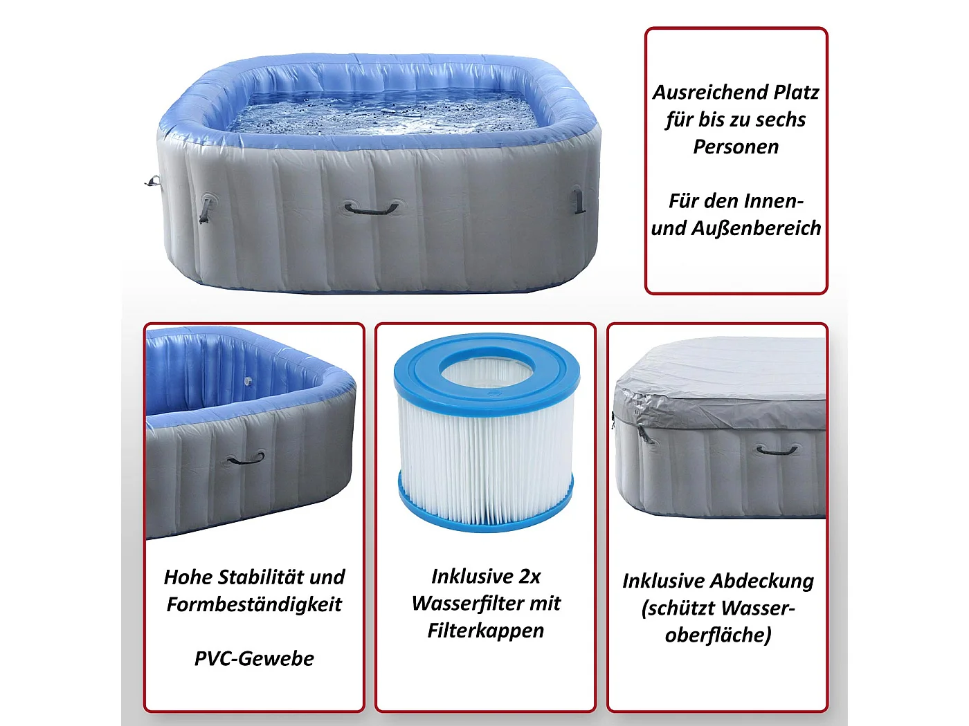 Whirlpool MCW-N97, Ersatz-Pool 6 Personen, In-/Outdoor aufblasbar PVC laminiert, eckig 198cm, grau-blau