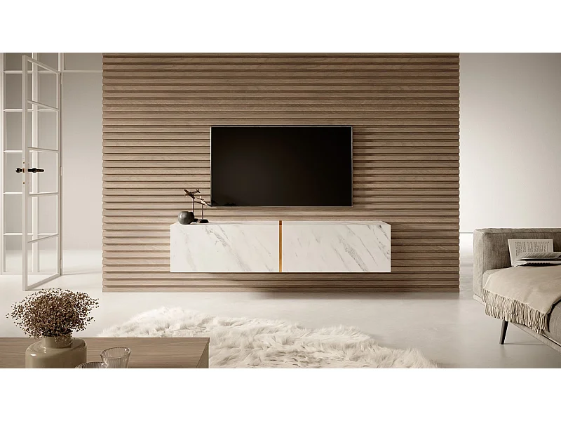 Mueble TV suspendido con efecto - Mármol Blanco Egger / Oro - 140 cm - Bisira