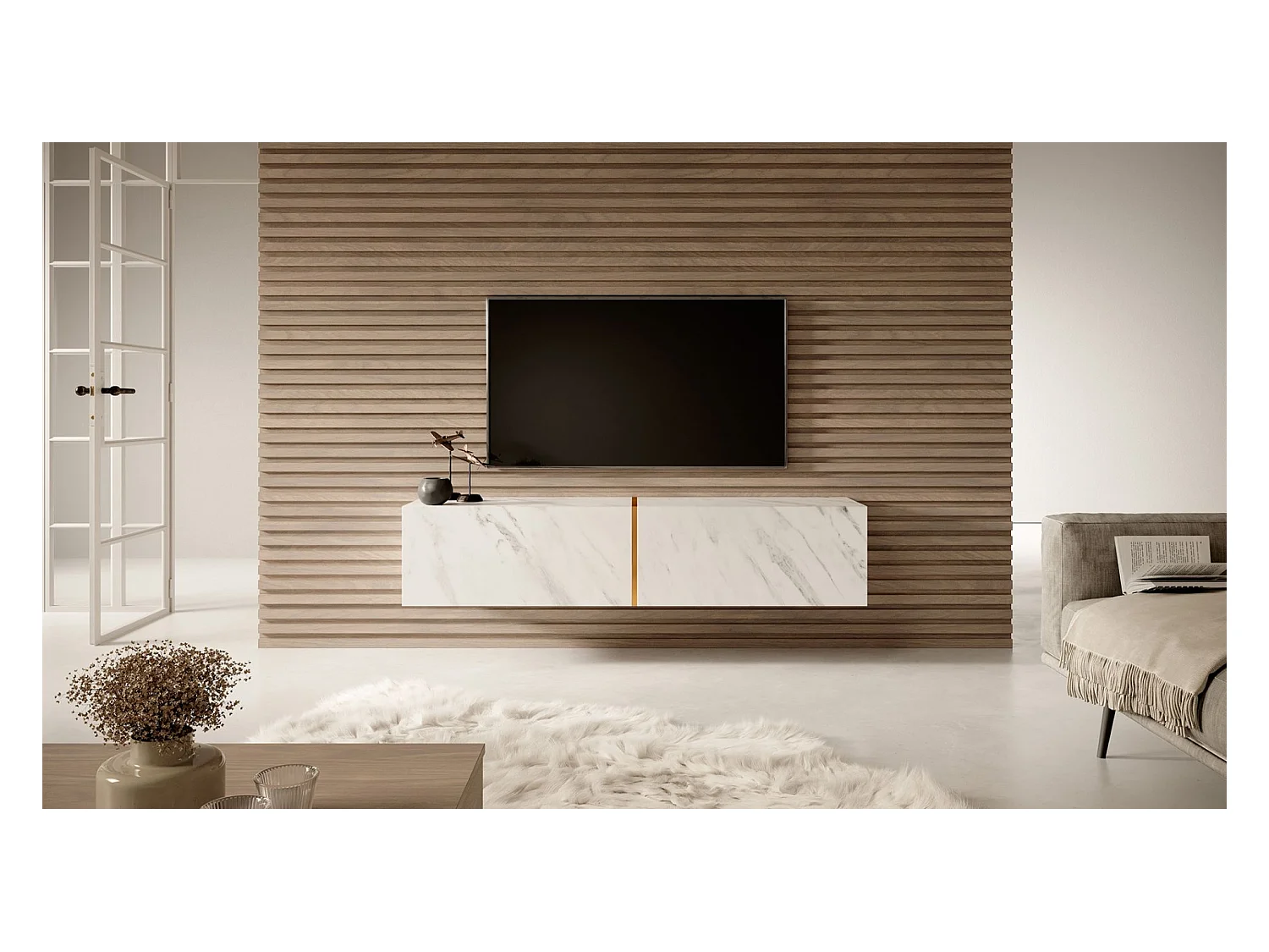 Mobile TV sospeso con effetto Marmo - Bianco Egger / Oro - 140 cm - Bisira