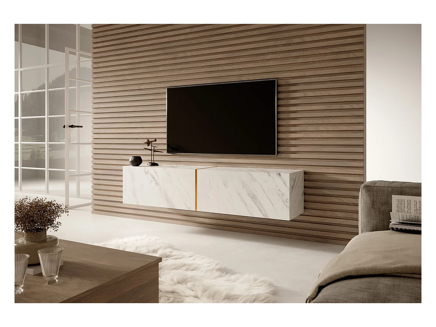 Mobile TV sospeso con effetto Marmo - Bianco Egger / Oro - 140 cm - Bisira