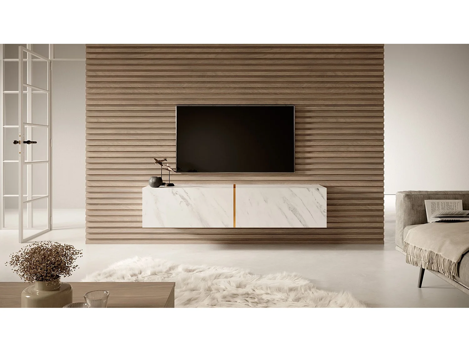 Mobile TV sospeso con effetto Marmo - Bianco Egger / Oro - 140 cm - Bisira