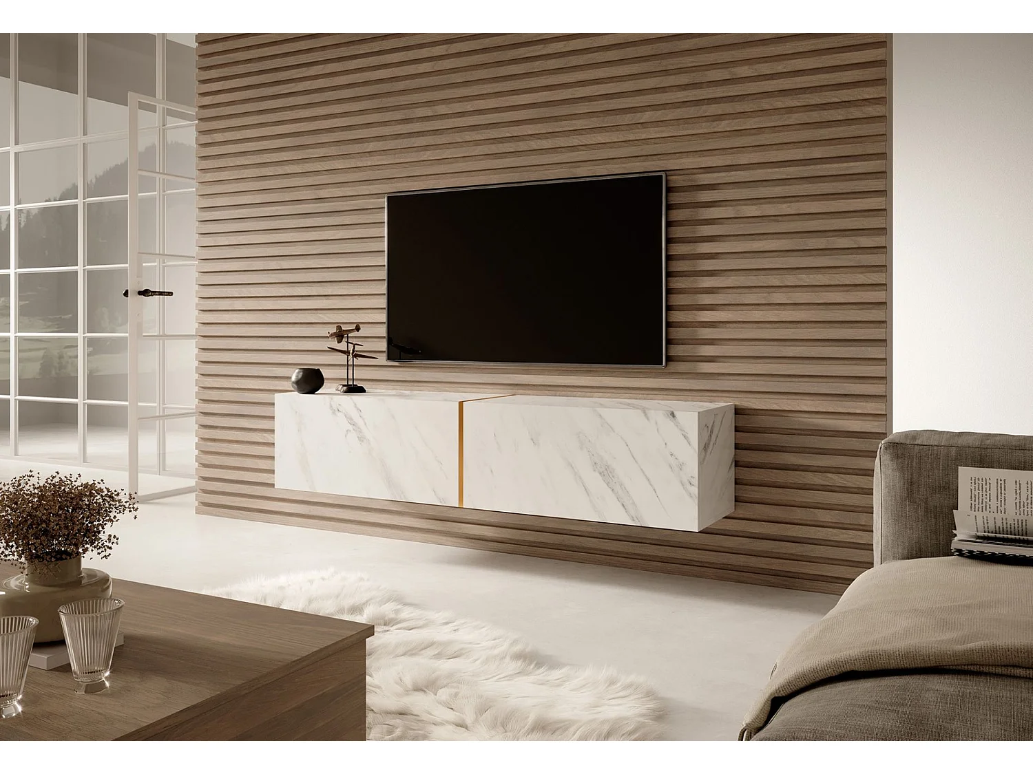 Mobile TV sospeso con effetto Marmo - Bianco Egger / Oro - 140 cm - Bisira