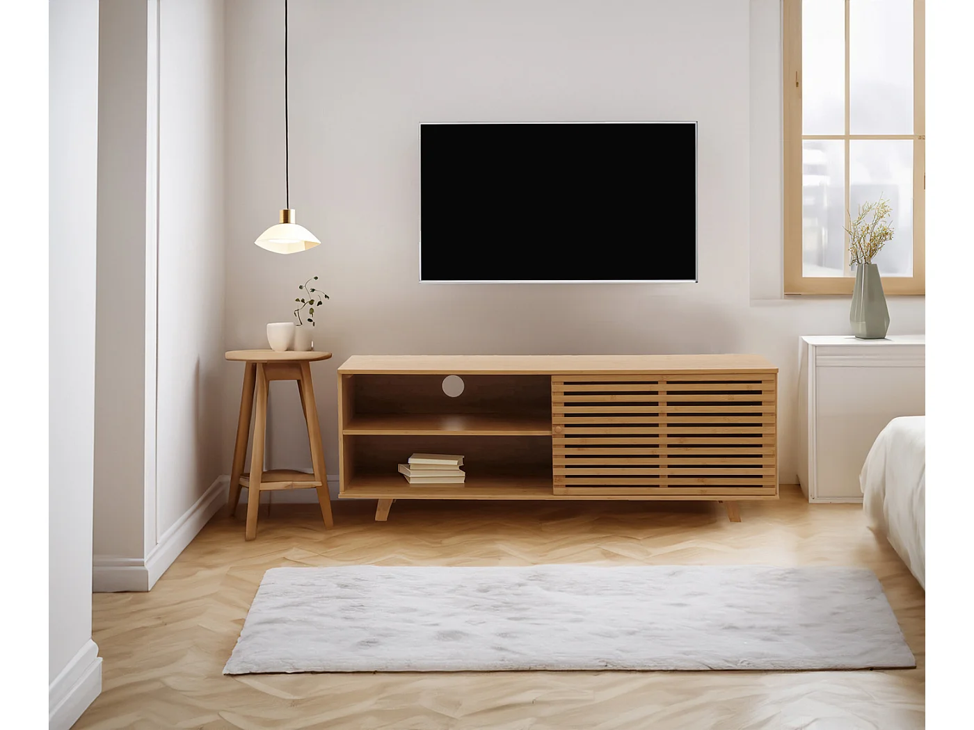 Porta TV in bambù MCW-N80, cassettiera tavolino TV, vani portaoggetti certificati MVG 50x140x40cm