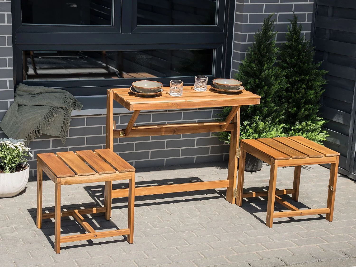 Ensemble banc de jardin et set de bistrot convertibles TUENNO Acacia Marron