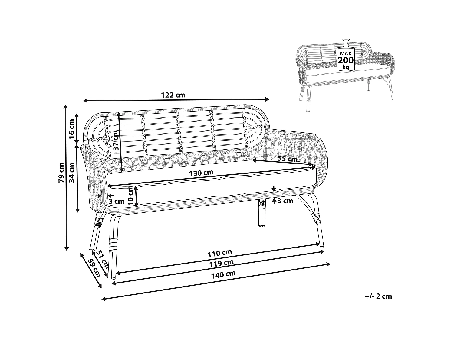Ławka ogrodowa z poduchą PRATELLO 122 cm Technorattan Naturalny