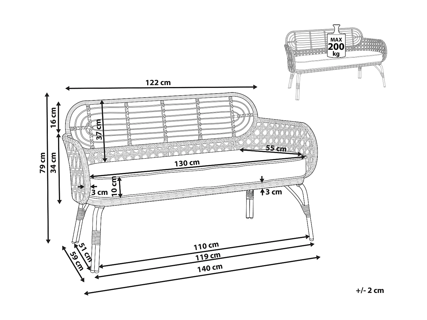 Banc avec coussin d\'assise PRATELLO 122 cm Naturel