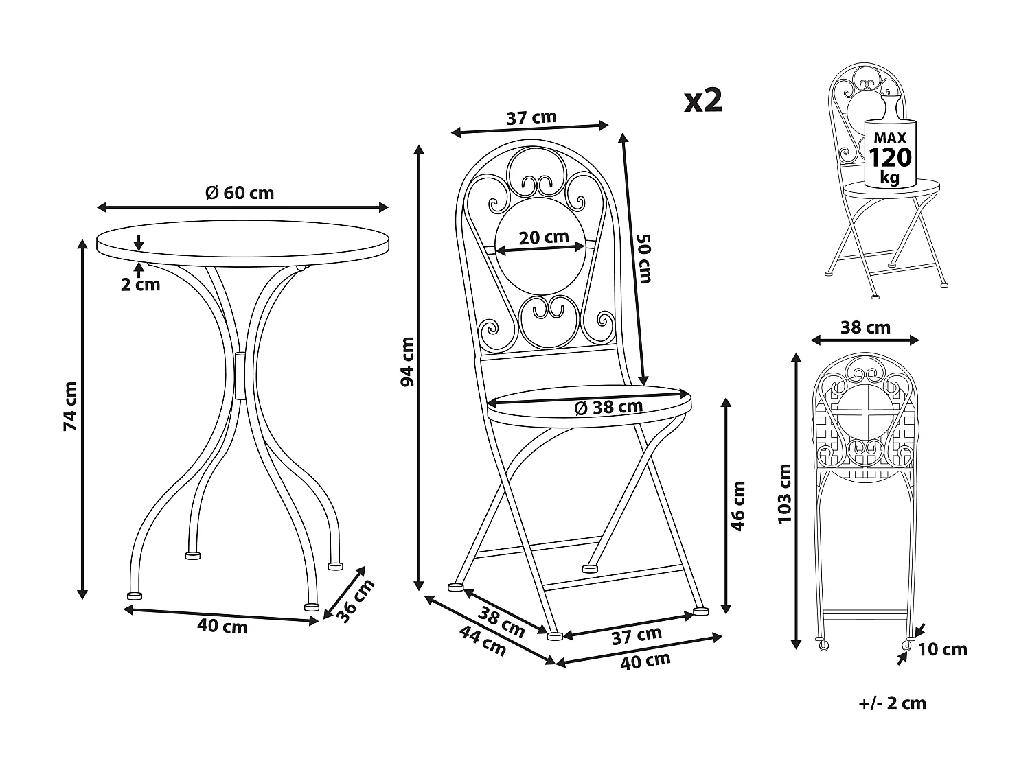 Ensemble bistrot Pliant SPELLO Métal Blanc