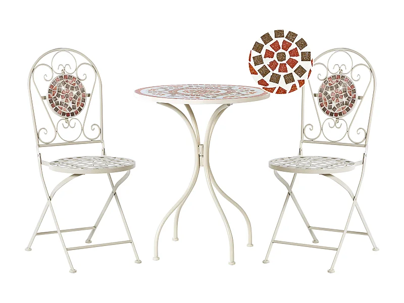 Balkon Set Metall weiß Mosaik Muster 2 Stühle 1 Tisch Spello