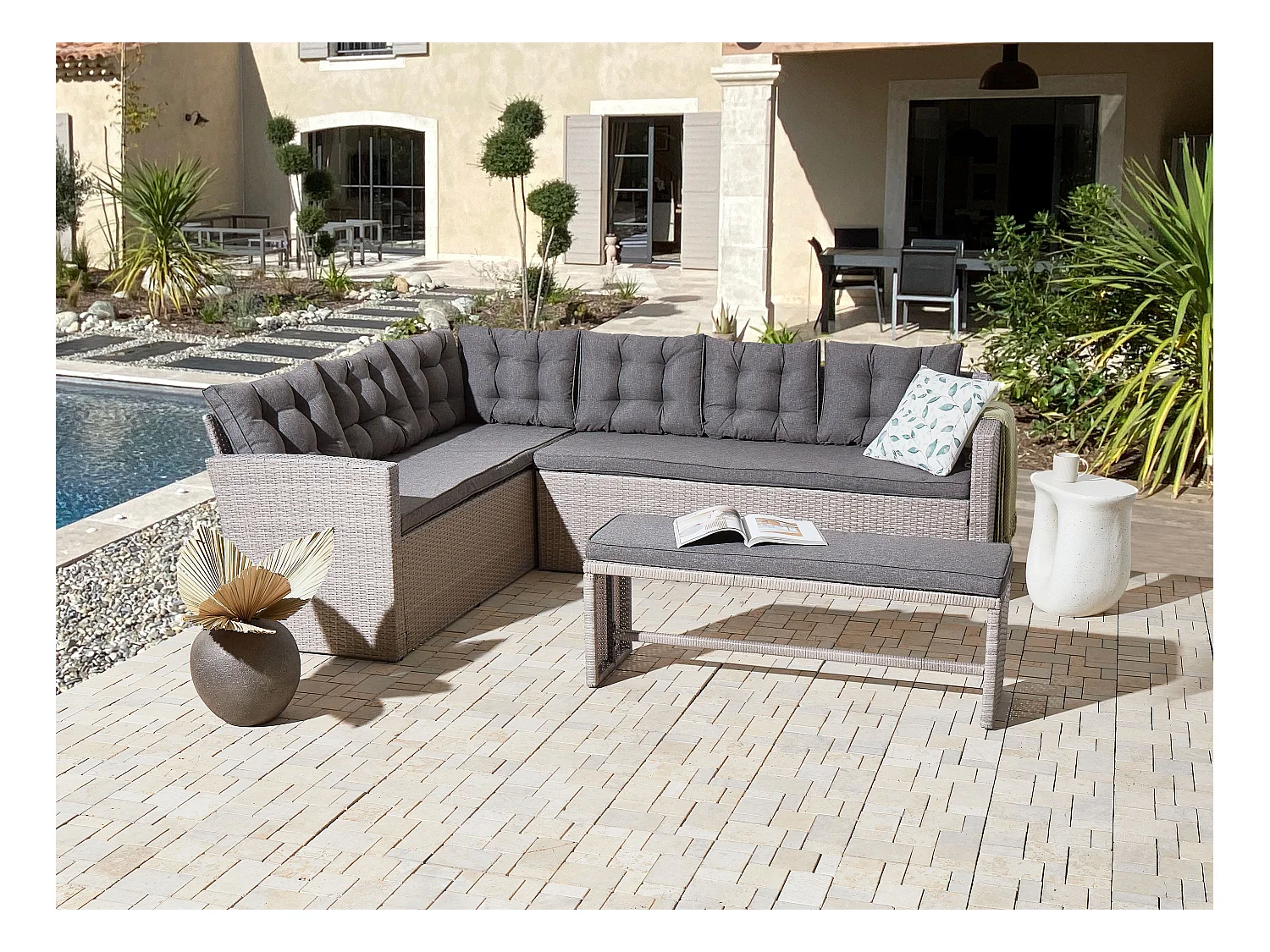 Garten Ecksofa mit Bank Polyrattan hellgrau Auflagen grau 8-Sitzer Viterbro