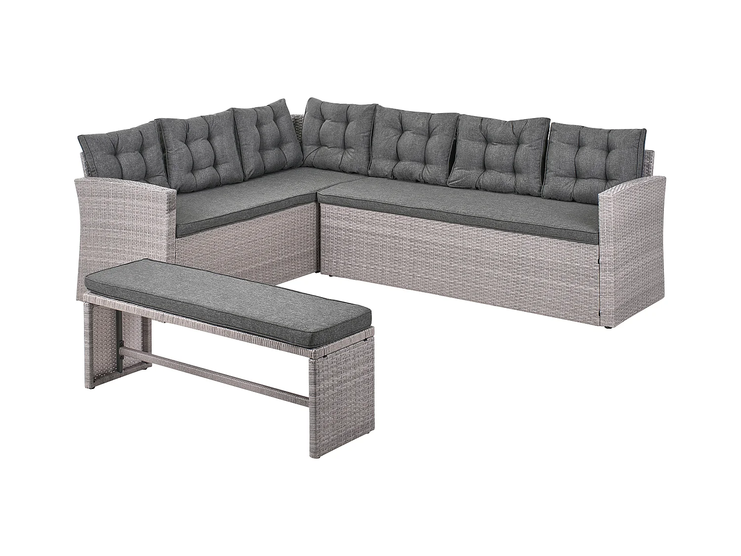 Garten Ecksofa mit Bank Polyrattan hellgrau Auflagen grau 8-Sitzer Viterbro