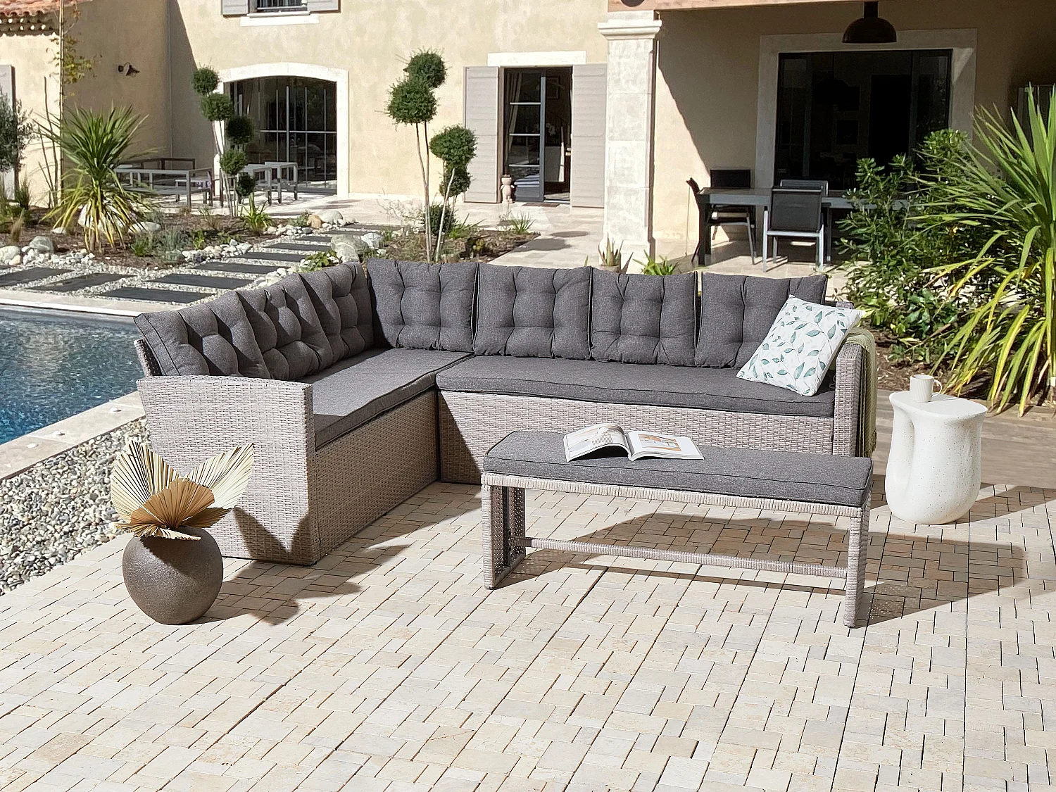 Sofa narożna ogrodowa z technorattanu 8 osobowa szara VITERBO