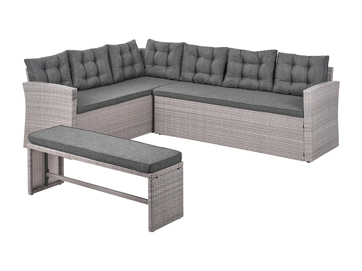 Garten Ecksofa mit Bank Polyrattan hellgrau Auflagen grau 8-Sitzer Viterbro