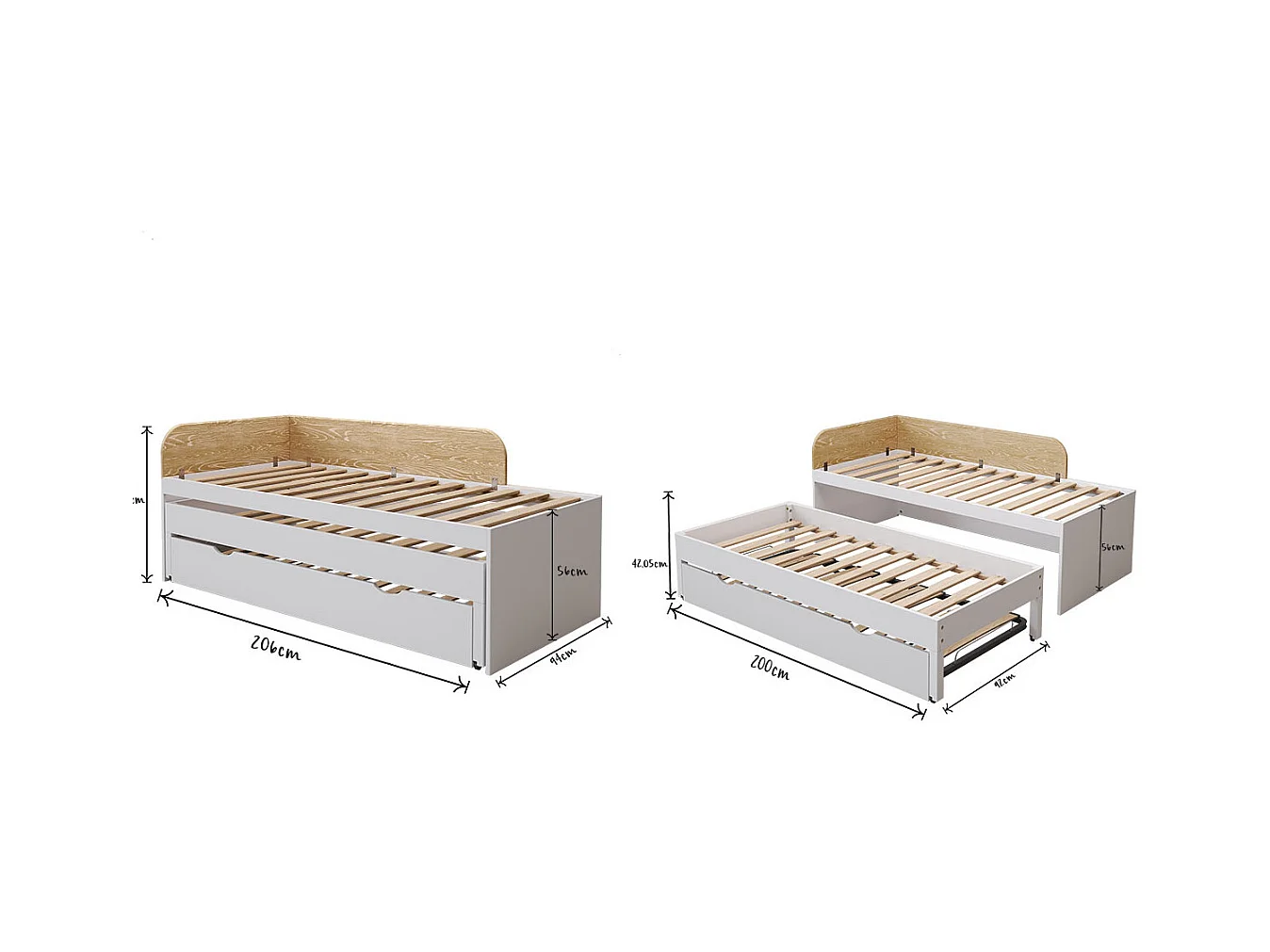 Lit gigogne 90x200 cm bois massif blanc et bois NOHA