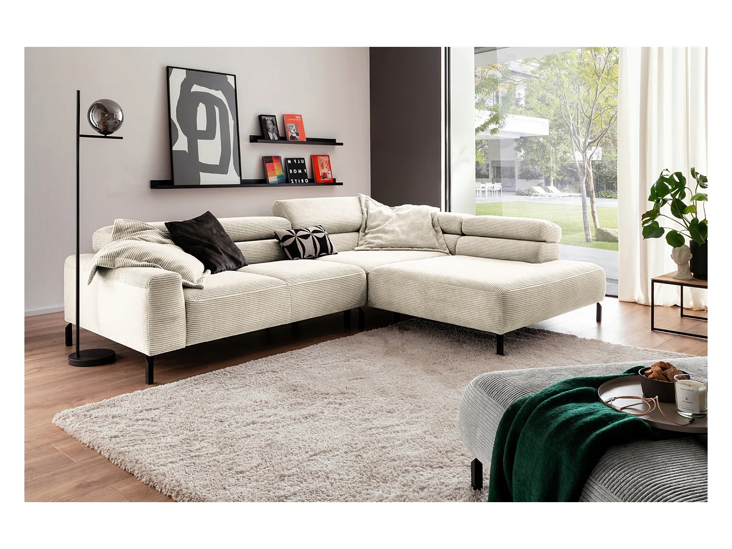 Canapé d'angle - blanc crème Velours côtelé - DELIA