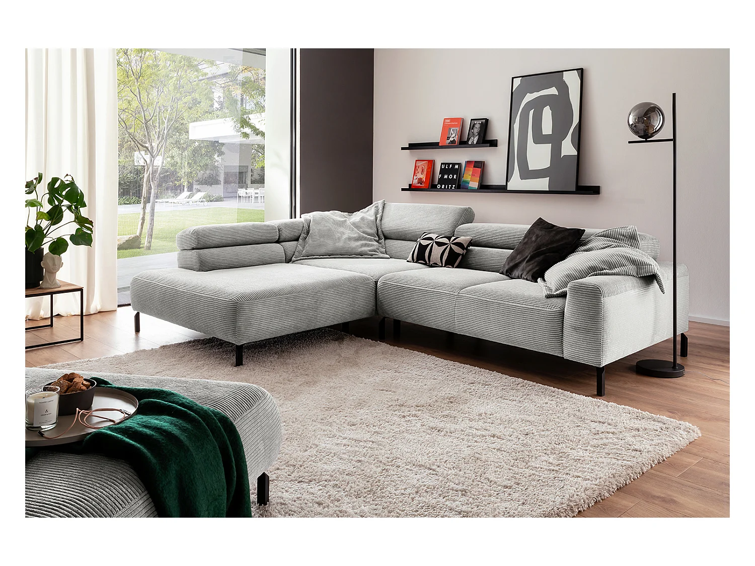 Canapé d'angle - gris clair Velours côtelé - DELIA
