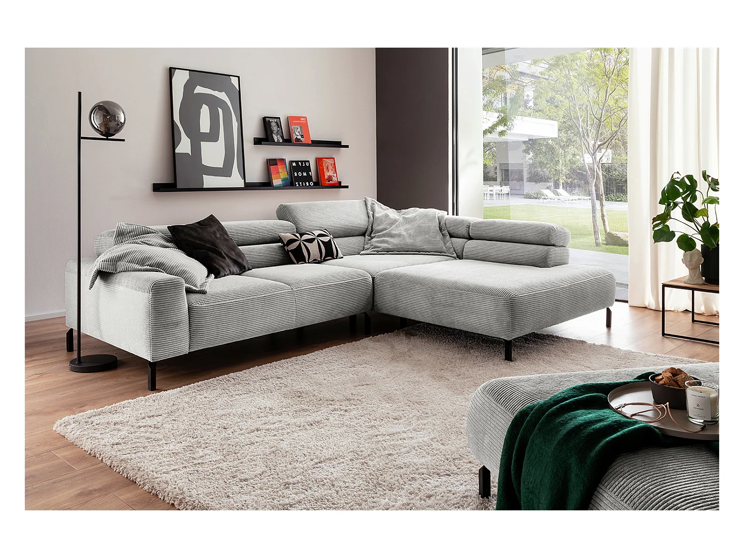 Canapé d'angle - gris clair Velours côtelé - DELIA