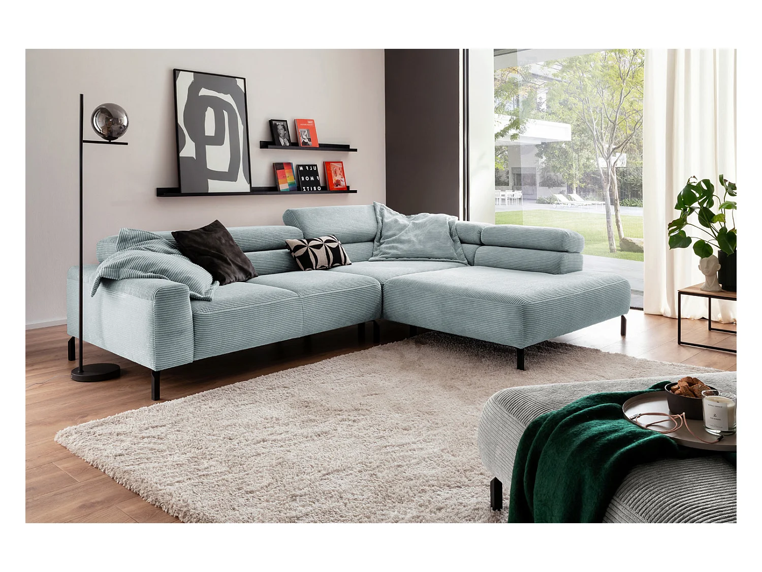 Canapé d'angle - bleu clair Velours côtelé - DELIA