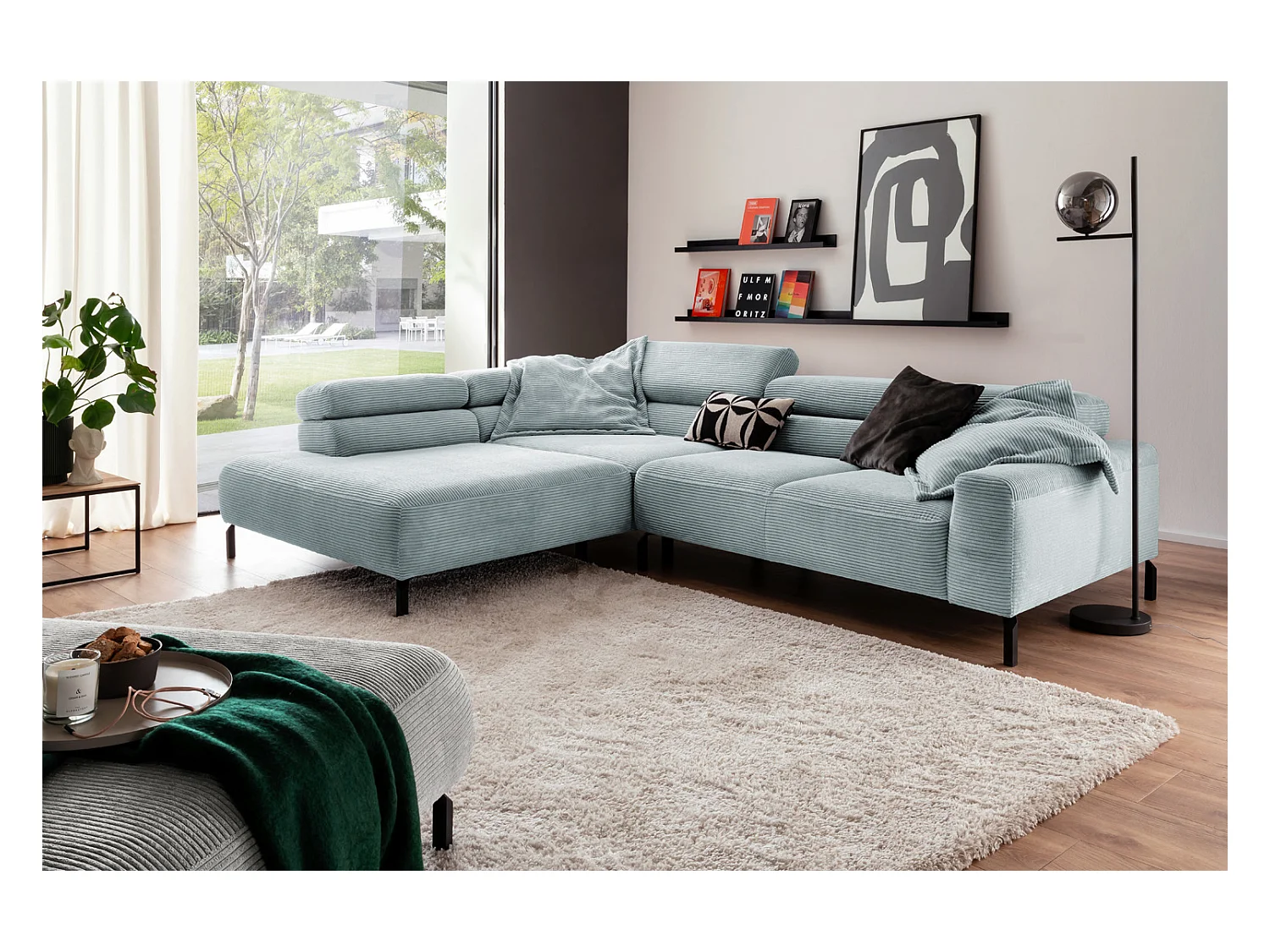 Canapé d'angle - bleu clair Velours côtelé - DELIA